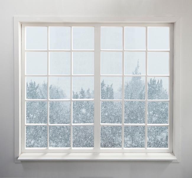Modern residential window with snow and trees